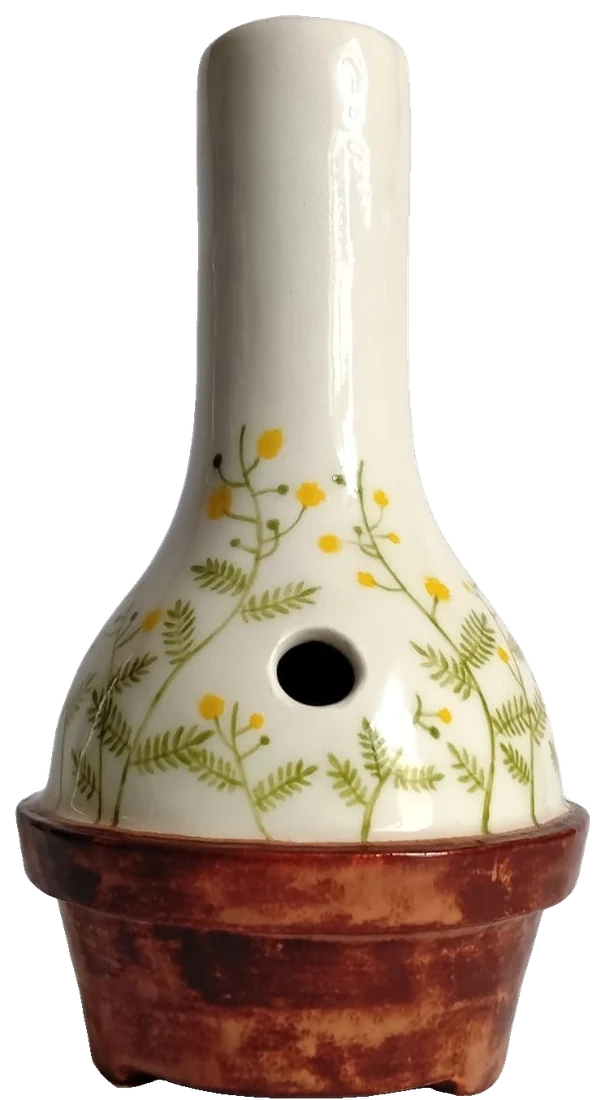 The Vachellia piece from another side: a porcelain neck and body painted with golden pompom blooms and feathered leaves, set in a terracotta-glazed pot